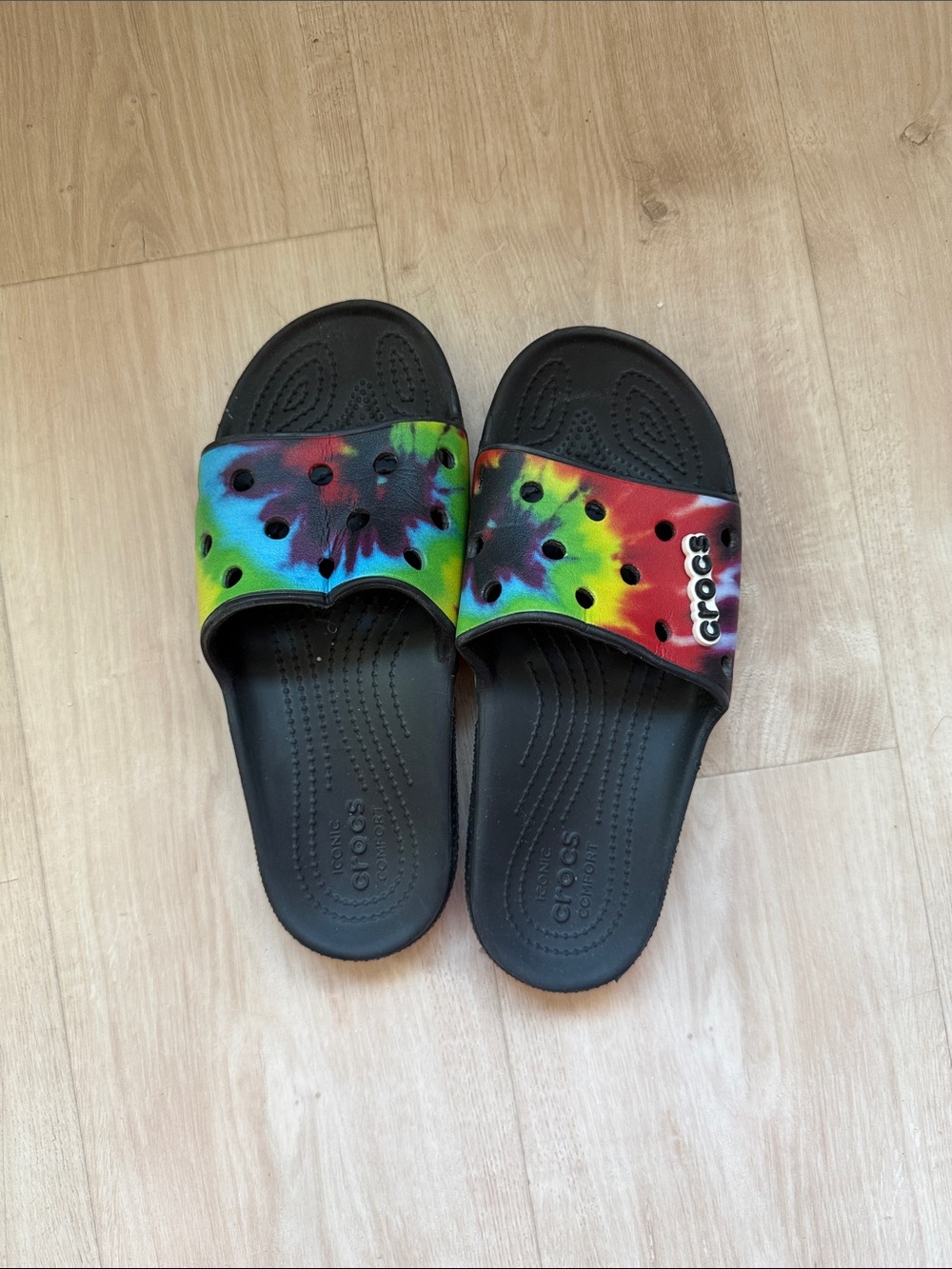 CROCS Kids Black Slide Sandals with Rainbow Tie-Dye Strap